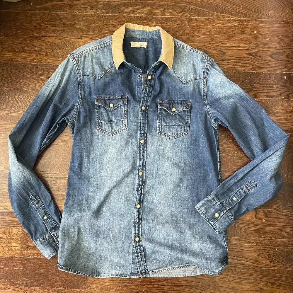 Men's All Saints Snap Buttons denim shirt with corduroy collar-Size S - Picture 1 of 9
